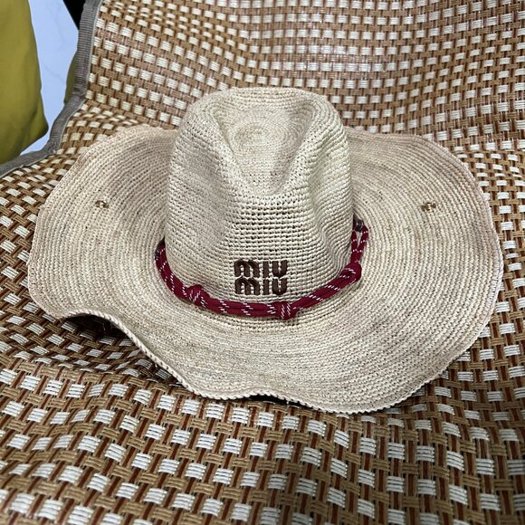 Miu Miu Dresses & Skirts - Women's Everyday Straw Hat - Beige with Red Stitching